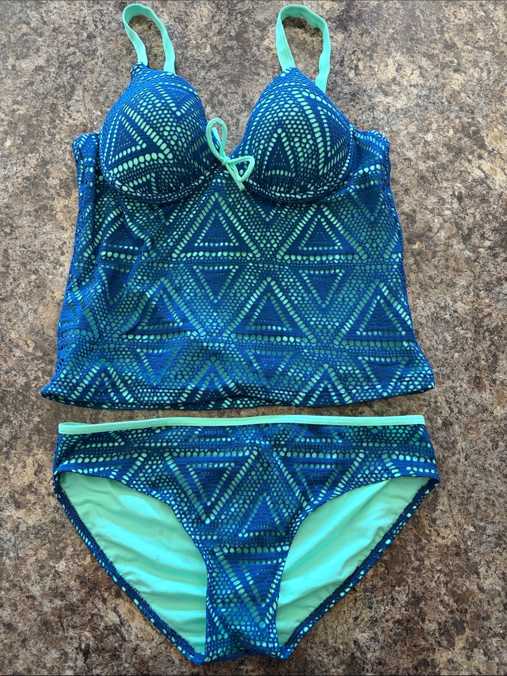 Blue & Teal Geometric Tankini Bikini Set